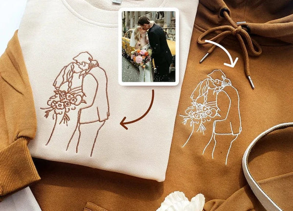 Custom Photo Line Art Embroidered Sweatshirt for Couples & Family